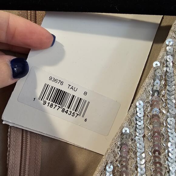 Mac Duggal 93676 V Neck Beaded Lace Midi Long Sleeve Dress Silver Taupe Size 8 - Picture 6 of 9